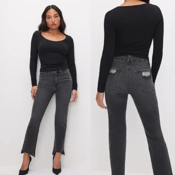 Good American Gray Wash Good Petite Straight Leg Jeans - Picture 2 of 9